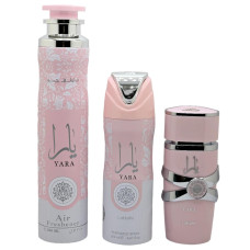 Lattafa Yara gift set - EDP 100 ml + Perfumed Spray 200 ml + Room Freshener 300 ml